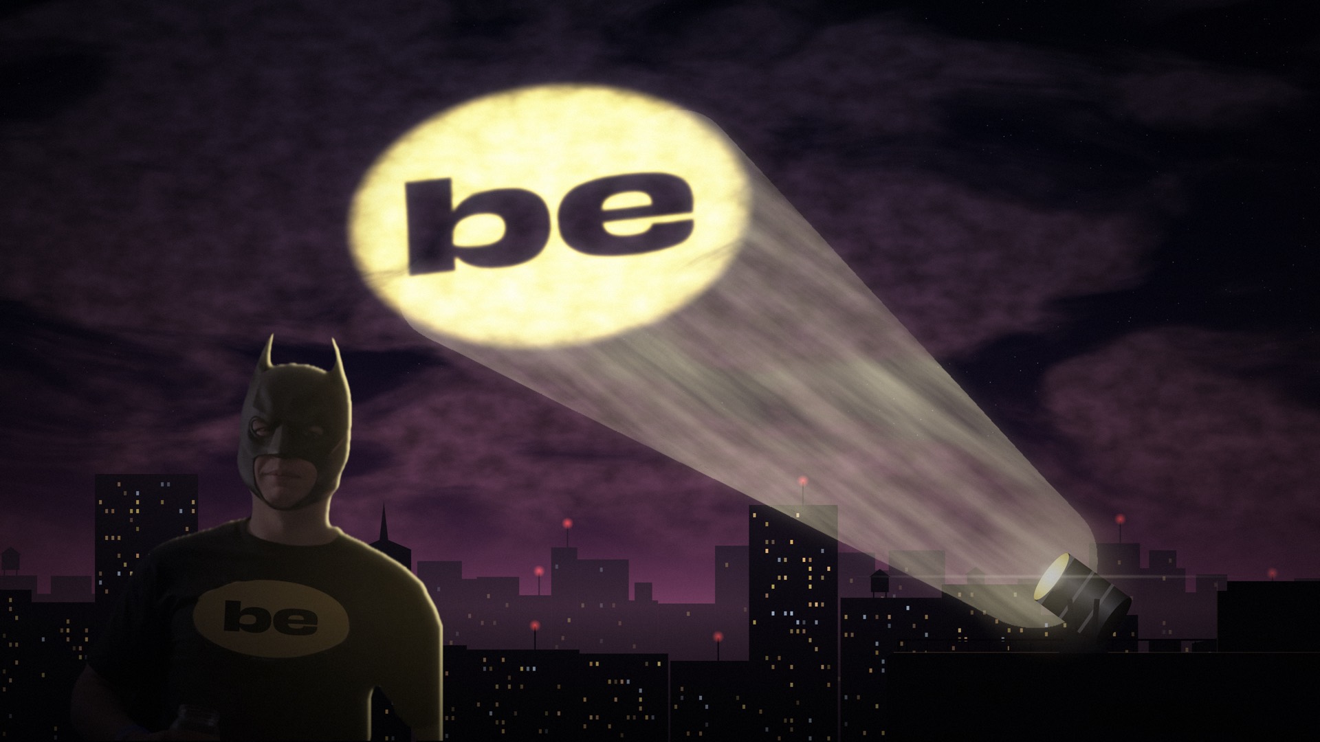 SEO Batman on a rooftop at night as a searchlight projects the Be Visible logo onto the clouds